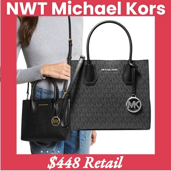 BRAND NEW! NWT Michael Kors Mercer Medium Black Logo and Leather Crossbody Bag - Picture 1 of 14